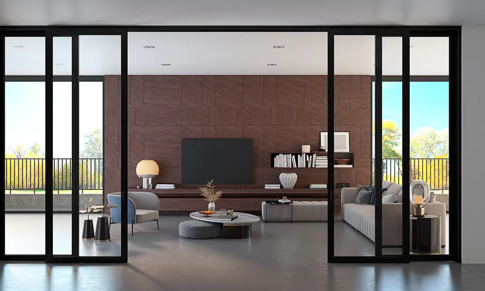 Puertas de vidrio con perfilería de aluminio grueso en color negro para oficina