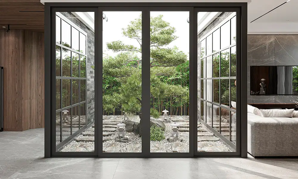 Puertas de vidrio abatibles con perfilería de aluminio para acceso a un patio interior