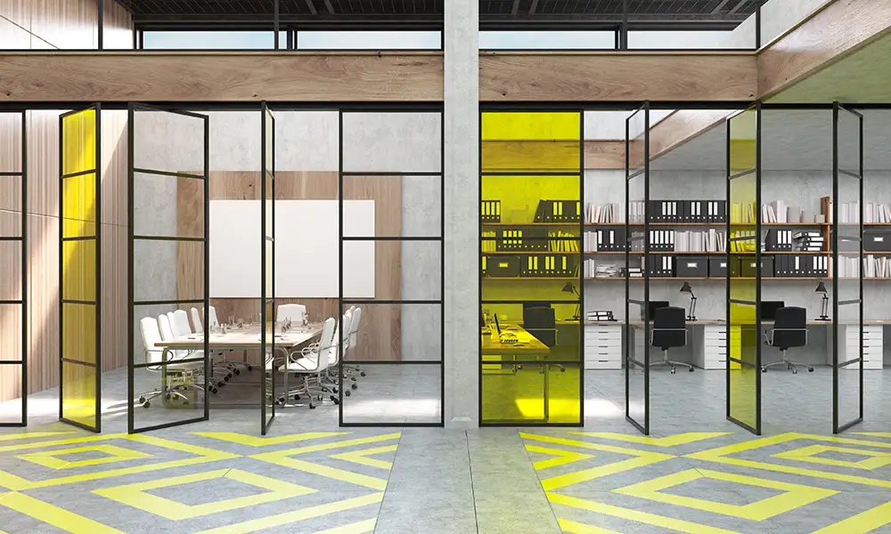 Mamparas estilo industrial con vidrio corporativo